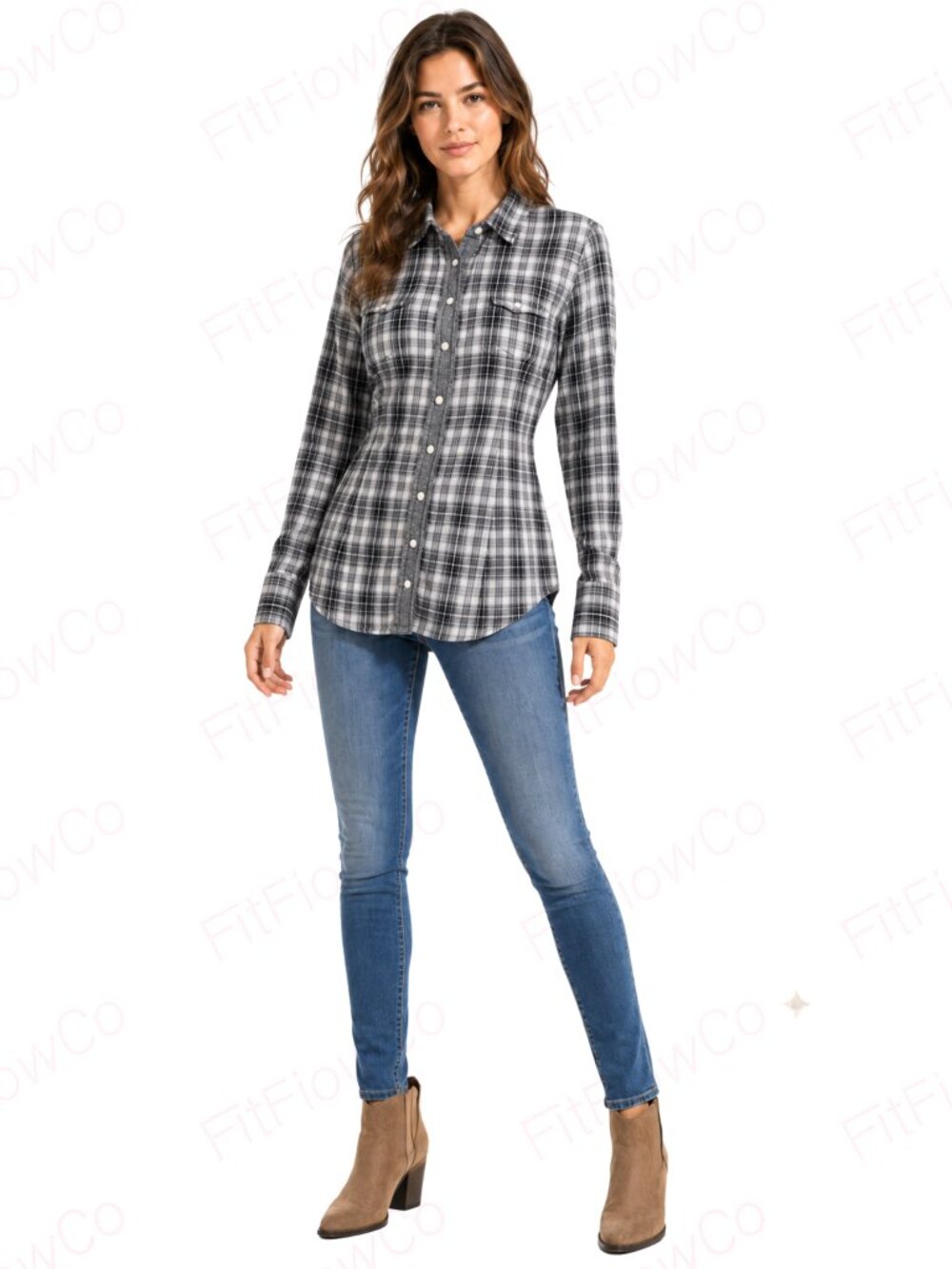 GUESS Jeans Women’s Black Gray Plaid Western Pearl Snap Shirt Embroidered Back M